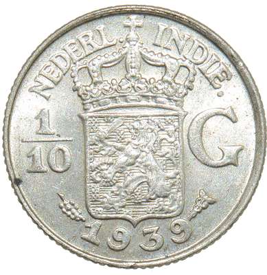 1⁄10 Gulden 1939 | Laurens Schulman BV. Scho.853. Wilhelmina. Nederlands Oost Indië